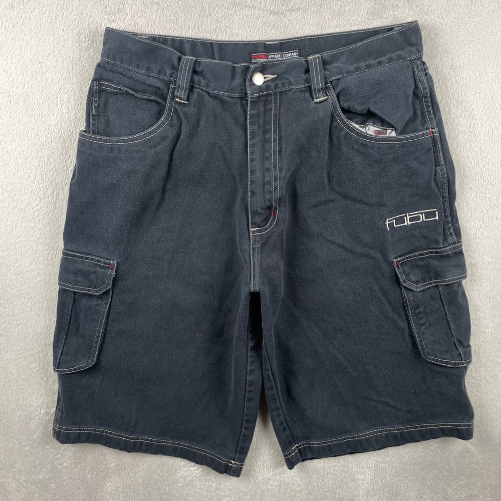 Vintage FUBU Cargo Shorts Mens 32 Black Denim Embroidered Baggy Y2K Skater 13"